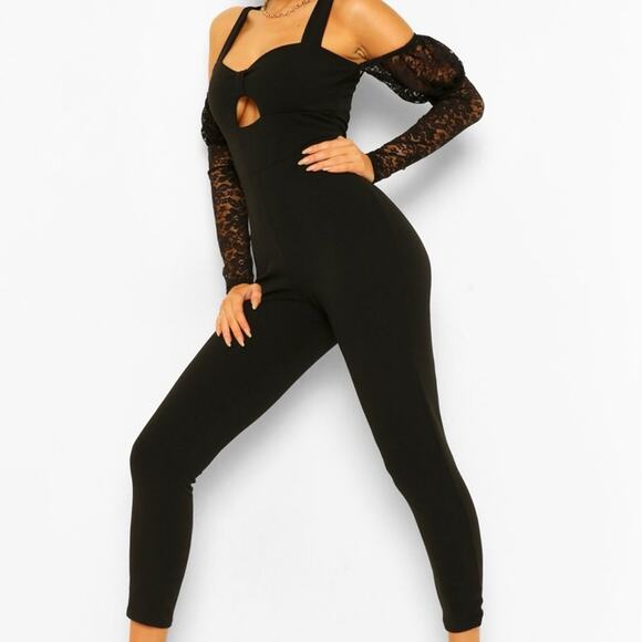 Boohoo Plus PUFF SLEEVE LACE JUMPSUIT Size 14 - Picture 3 of 6